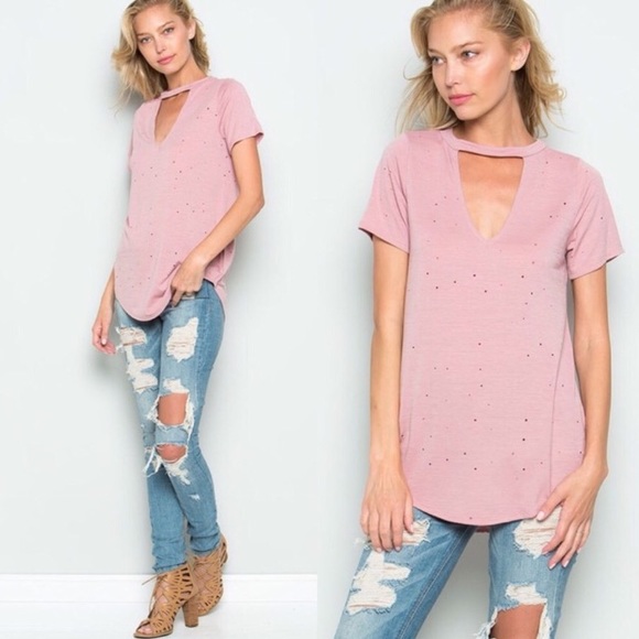 Tops - SALE🤗Rose Pink Distressed Choker Top NWT